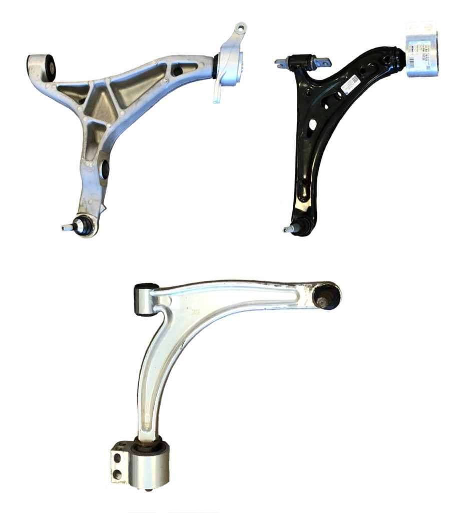 Figure 3. Lower control arms (L-R): forged aluminum, welded steel, and cast aluminum. (Source: Mayflower Consulting.)